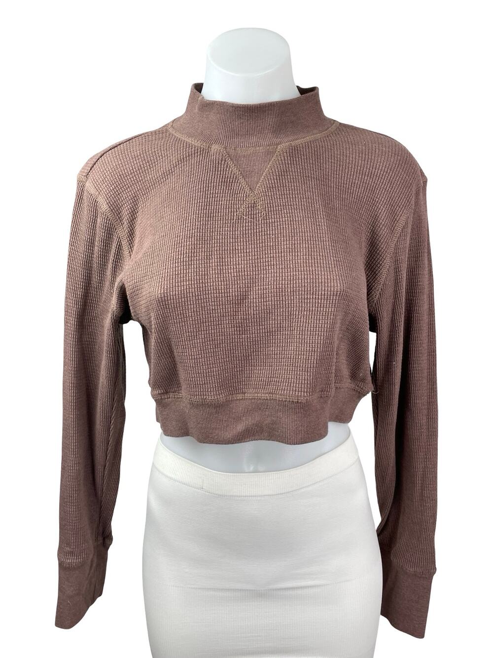 Mono B Brown Long Sleeve Mock Neck Waffle Knit Thermal Cropped Sweatshirt Top L